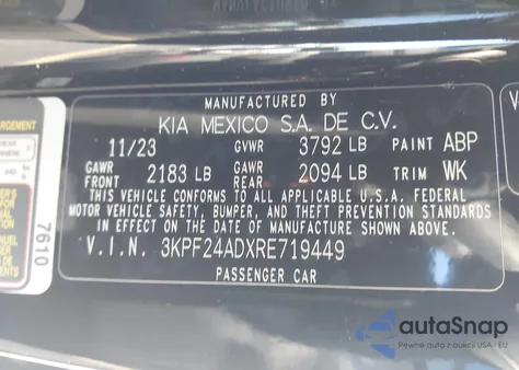 2024 Kia Forte Lxs z USA, uszkodzony, nr VIN 3KPF24ADXRE719449